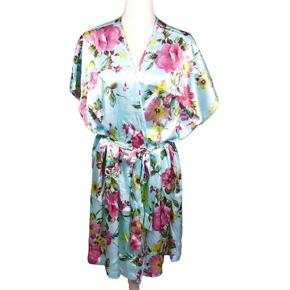 LA Intimates Robe Womens Size 1X Blue Pink Cottagecore Kimono Wrap Silky New - Picture 4 of 8